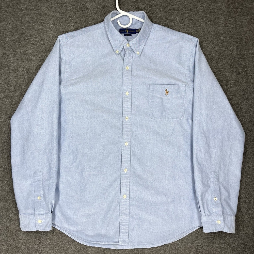 Ralph Lauren Shirt Mens 2XL Blue Solid Slim Fit Oxford Flesh Pony Button up‎